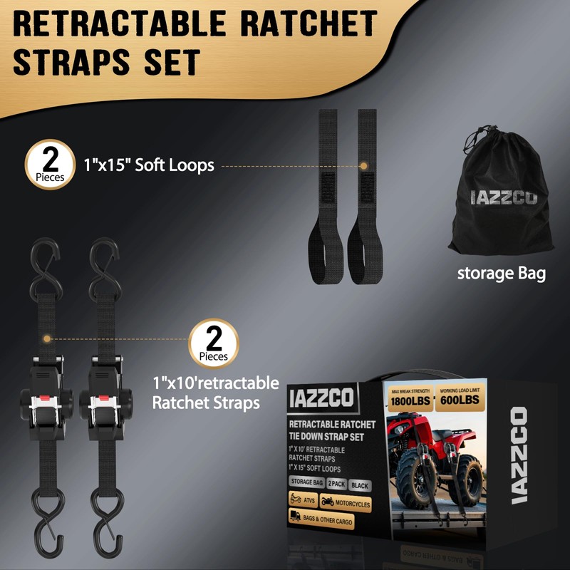 IAZZCO Retractable Ratchet Tie Down Straps - 1 Inch x