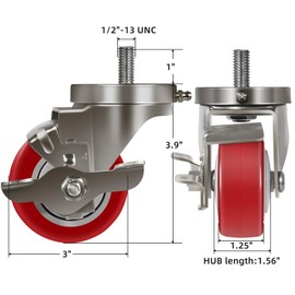 NINOSO 3" Stem Caster Wheels, Stainless Steel Casters Set of 4 Heavy Duty, Anti-Corrosion Polyurethane Industrial Caster Wheels for Cart (2 Brake& 2 Swivel)