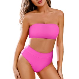 Pink Queen Women's 2 Piece Bathing Suit Off Shouler Bandeau Bikini Swimsuit Top High Cut Thong Swimwear Pink XL