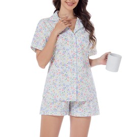LUBOT 100% Cotton Pajamas for Women 2 Piece PJ Set Woven Poplin Ladies Button Down Short Sleeve Summer Sleepwear S-XXL, (Woven) Spring Garden, Small