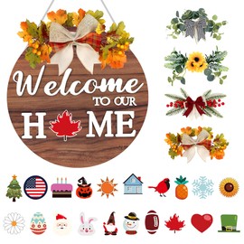 KatchOn, Interchangeable Welcome Sign for Front Door | 4 Seasonal Wreaths and 20 Changeable Icons | Housewarming Gifts | Seasonal Decor for Thanksgiving, Halloween, Fall,Summer, Christmas, Valentines