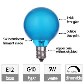 NIOSTA 25 Pack G40 Globe Christmas Replacement Bulbs, Frosted Blue Glass Incandescent Light Bulbs, E12/C7 Candelabra Base, UL Listed Patio String Lights Bulbs for Indoor Outdoor Decorative, 5W