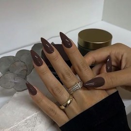 Uñas Postizas Marrones Con Forma De Almendra, Uñas Almendradas Medianas, Uñas Acrílicas Neutras, Uñas Postizas Reutilizables Para Mujeres Y Niñas, Uña