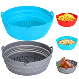 WARMPLE 2Pcs Air Fryer Silicone Liners Pot for 5 to 7 QT, Silicone Air Fryer Liner Basket Bowl, Reusable Silicone Air Fryer Liners, Food Grade Foldable Air Fryer Oven Accessories (8.5in, Grey&Blue)