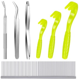 7Pcs Tick Removal Tool Kit, Include 3Pcs Plastic Removers, 3Pcs Stainless Steel Tick Remover Tweezers with Comb for Pet Dog, Cat (7Pcs, Green)