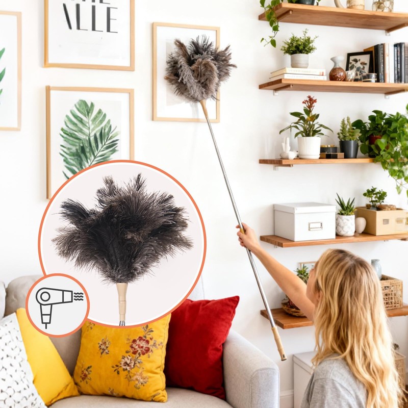 Extendable Ostrich Feather Duster, Natural Ostrich Feathers Long Handle Duster
