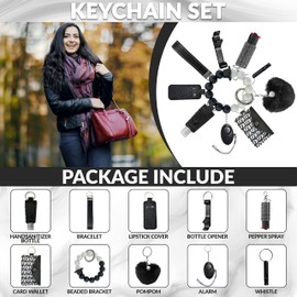 Auxu Keychain Set for Women and Girls Includes Beaded Wristlet, Pom Pom, Credit Card Puller and Personal Alarm