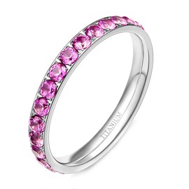 Tigrade 3mm Womens Titanium Eternity Rings Cubic Zirconia Wedding Engagement Band (Purple Pink, 7)
