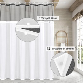 MitoVilla Extra Long 72 x 84 Shower Curtain Set with Snap-in Liner, Grey Waffle XL Heavyweight Fabric Cloth Shower Curtains for Modern Luxury Hotel Spa Bathroom Decor, Charcoal Grey