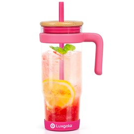 Luxgola 32 oz Glass Tumbler with Handle, Iced Coffee Cup with Bamboo Lid and Straws, Reusable Clear Glass Water Cup With Silicone Bumper - Fits in Car Cup Holder, Dishwasher Safe, BPA Free - Rose Red