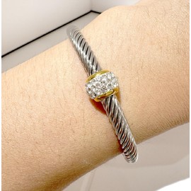 Jeolory 14K Gold Plated Rhinestone Ball Charm Adjustable Twist Stainless Steel Cable Wire Bracelets Friendship Open Bangle Wrist Cuff for Women Men