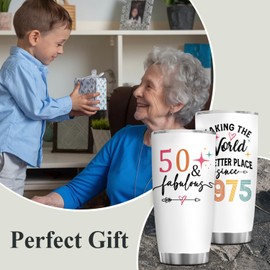 50th Birthday 20 oz Tumbler For Women, 50 And Fabulous Cup, 1975 Birthday Decorations - Fifty Years Old Gifts For Lady, Mom, Aunt, Grandma, Wife - Funny 50-Year-Old Gift & Birthday Decoration