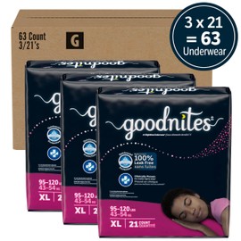 Goodnites Girls' Nighttime Bedwetting Underwear, Size Extra Large (95-120 lbs), 63 Ct (3 Packs of 21), Packaging May Vary