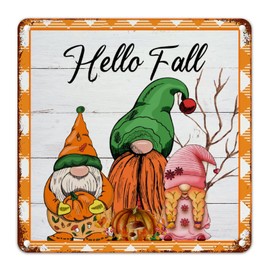 Fall Gift Thanksgiving Metal Wall Decor Sign Hello Fall Geometric Plaid Cute Gnome Men Cave Signs Autumn French Vintage Retro Metal Signs for Laundry Room Living Room 12x12in Housewarming Gift