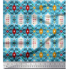 Soimoi Blue Poly Crepe Fabric Geometric Southwestern Fabric Prints by Yard 42 Inch Wide