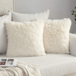 MIULEE Pack of 2 Faux Fur Throw Pillow Cover Fluffy Soft Decorative Square Pillow covers Plush Case Faux Fur Cushion Covers For Livingroom Sofa Bedroom 20 x 20 Inch 50 x 50 cm Cream white