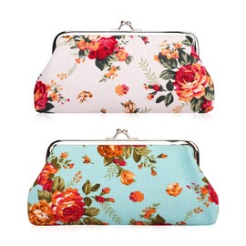 Oyachic 2 Packs Coin Purse Cell Phone Pouch Rose Pattern Clasp Closure Wallet Gift (White and blue)