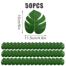 XIHIRCD 50pcs Artificial Palm Leaves, 6 Inch Tropical Faux Leaves Green Faux Monstera Leaves Artificial Plants for Hawaiian Luau Jungle Theme Party Safari Birthday Table Decorations (Size S)
