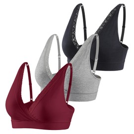 HIHOSSI Lace Cotton Bra with Straps – Comfortable Support for Maternity, Nursing, and Everyday Wear, Black+Grey+red/3 Pack, Large