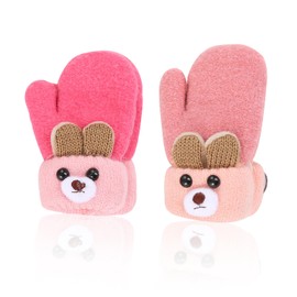 2 Pairs of Children's Gloves, Baby Warm Gloves, Knitted Children's Gloves, Warm Winter Windproof Cute Animal Children's Gloves, Velvet Thickened Anti-Cold Gloves, Red, Light Pink