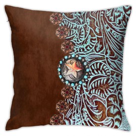 Primitive Cowboy Cowgirl Brown Turquoise Leather Western Country Throw Pillow Covers 18"X18" Cozy Velvet Square Throw Pillowcases Home Decor For Bed Couch Sofa Living Room Cushion Cover