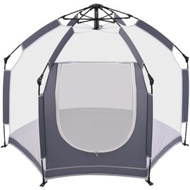 Baby Playpen with Canopy, Portable Mesh Play Yard Indoor and Outdoor, Pop Up Toddler Playpen with Dome, Lightweight Foldable Playspace for Home, Beach and Park, Gray