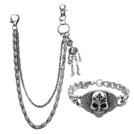 AMZNEVO Punk Skeleton Jean Chain and Bracelet Set, Pant Chain with Skeleton Pendant and Stainless Steel Skull Bracelet for Men Women