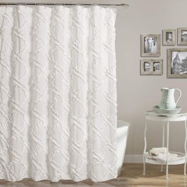 HNU Beautiful Diamond Ruffle Shower Curtain, Eye Catching All Season Soft Polyester Farmhouse Shower Curtain for Bathroom Decor, Adorable Textured Solid Color Themed Design, White - 72 x 72 Inches