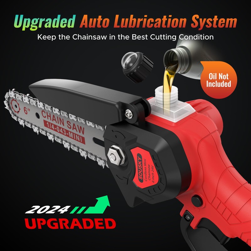 6 Inch Mini Chainsaw Cordless, 24V 2000mAh Rechargeable Battery, Auto-Oil,