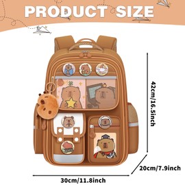 HarnyLoom Capybara Backpack for Girls Boys- School Bag with Plush Keychain Pin Cute Animal Cards Back to School Supplies Stationary Gifts for Kids Students