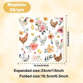 50PCS Watercolor Floral Chicken Hens Paper Napkins - Chicken Party Decorations Rustic Flower Poultry Dessert Farmhouse Theme Supplies Disposable Napkins 6.5" x 6.5"