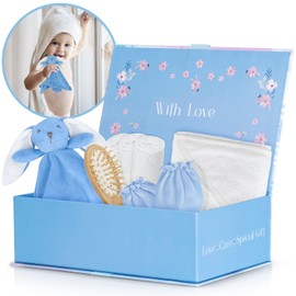 FOREVERPURE Baby Towels with Hood Newborn Gift Set - Gentle & Soft Baby Bath Towels Hooded w/Washcloths, Mittens, Brush, & Ultra Soft Security Blanket, Infant Hooded Towels for Baby Girl & Boy, Blue