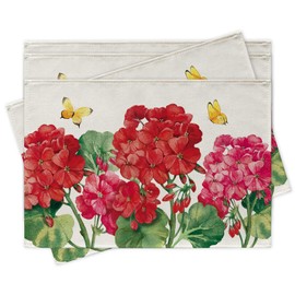 Uruney Spring Summer Geranium Flower Placemats Set of 4, Red Floral Butterfly Dining Place Mats Table Decor, Seasonal Home Kitchen Decoration 12 x 18 Inches