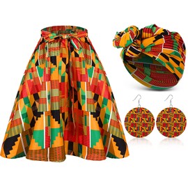 Coume 3 Pcs Women African Dashiki Skirt Traditional Costume African Bohemian Head Wrap Scarf Drop Dangle Earring (Small) Multi