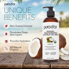 PURA D'OR 16 Oz ORGANIC Fractionated Coconut Oil – USDA Certified – MCT Oil – Therapeutic, Hydrating, Lightweight Moisturizer – Hexane Free Carrier Oil For Essential Oils & Massage – Face, Hair & Body