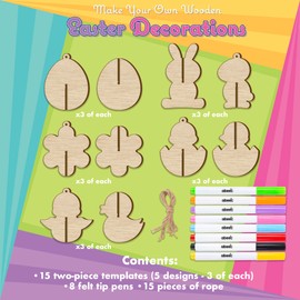 abeec Colour Your Own Easter Decorations | DIY Wooden Easter Craft Kit for Kids | 15 Hanging Ornaments with Felt Tip Pens & Twine | Fun Easter Tree Decorations & Creative Activity for Spring