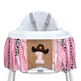 ZAIBIANHAO Cowgirl One High Chair Banner - Rodeo Theme Fabric Garland，Farm Birthday Highchair Banner，Western Cow Girl First Birthday Decorations Party Supplies (cow pink banner)