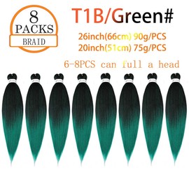 Pre-Stretched Braiding Hair ShowJarlly Soft Free Synthetic Fiber Hair Corchet Braids 8Packs/Lot Knotless Braiding Hair Extensions Hot Water Setting Crochet Braids Hair (20inch,T1B/Green#)