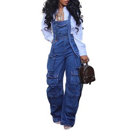 Vaceky Baggy Cargo Denim Overalls Women Adjustable Bib Apron Pants with Side Buttons, Multi-pockets