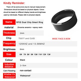 Hecere RFID Rewritable Dual Frequency in One 125kHz T5577 & 13.56MHz CUID Black Ceramic Smart Finger Ring Wear for Men or Women (CUID + T5577 Chip 18mm)