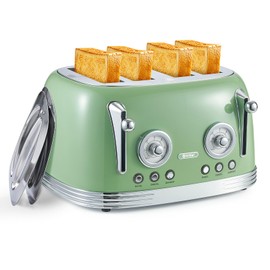 Toaster 4 Slice, Retro Green Toaster, Bagel Toaster, With Stainless Steel Lid. Reheat, Defrost and Cancel Functions, Countdown Function, 6 Browning Levels, Stainless Steel Material, TR03