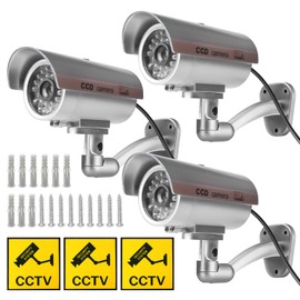 Sporgo Dummy Surveillance Camera Outdoor with LED Light Red Flashing Surveillance Camera Fake Camera Security Camera for Indoor and Outdoor Use (Silver) Pack of 3