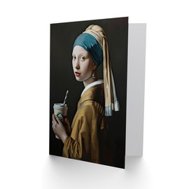 Artery8 Greeting Card Girl With Pearl Earring Coffee Remake Painting Blank For Him Or Her Art Birthday Card