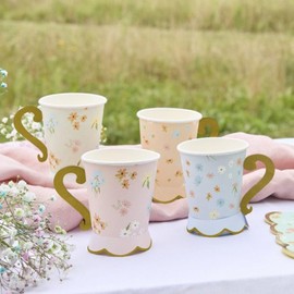 Club Green Floral Tea Party Paper Cups with Handle – Set of 8, Vintage-Inspired Tea Party Cups, Elegant Floral Design, Whimsical Party Tableware