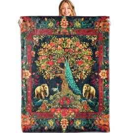 MIEPOS Exotic Peacock and Elephant Throw Blanket,40x50in,Soft,Lightweight Flannel,Lush Tree Floral Border Blankets - Gifts for Kids Women,for Couch Office Travel,Home Living Room Boho Artistic Decor