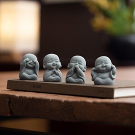 UTTCMK Laughing Buddha Statue Decor - 4Pcs Small Zen Monk Sandstone Buddha Sculpture for Wealth Good Luck Feng Shui Decor, Cute Zen Decoration for Home Office Desk Indoor and Outdoor(Gray)