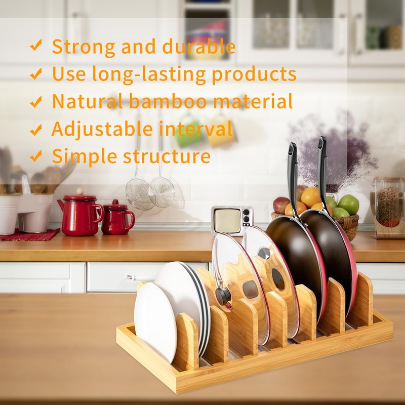 SUGOOE Bamboo Pot and Pan Organizer, Pot Lid Organizer Pot