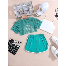 Ecolala Girls 3 Piece Summer Outfits Cami Top and Short Sleeve Mesh Tee with Shorts Green 9-10Y