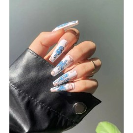 Unbranded Cookies Blue White Matte Long Coffin Press On Nails Fake False 24 Pc Set
