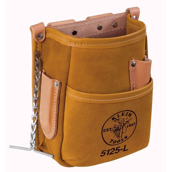 Klein Tools 5125L All Leather 5-Pocket Tool Pouch with Chain Tape Thong and Tunnel Belt Connection
